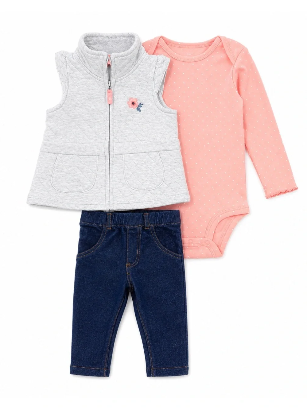 Carters 3-Piece Gray & Coral Quilted Ruffle Sleeve Vest Bodysuit & Pants Set 12M